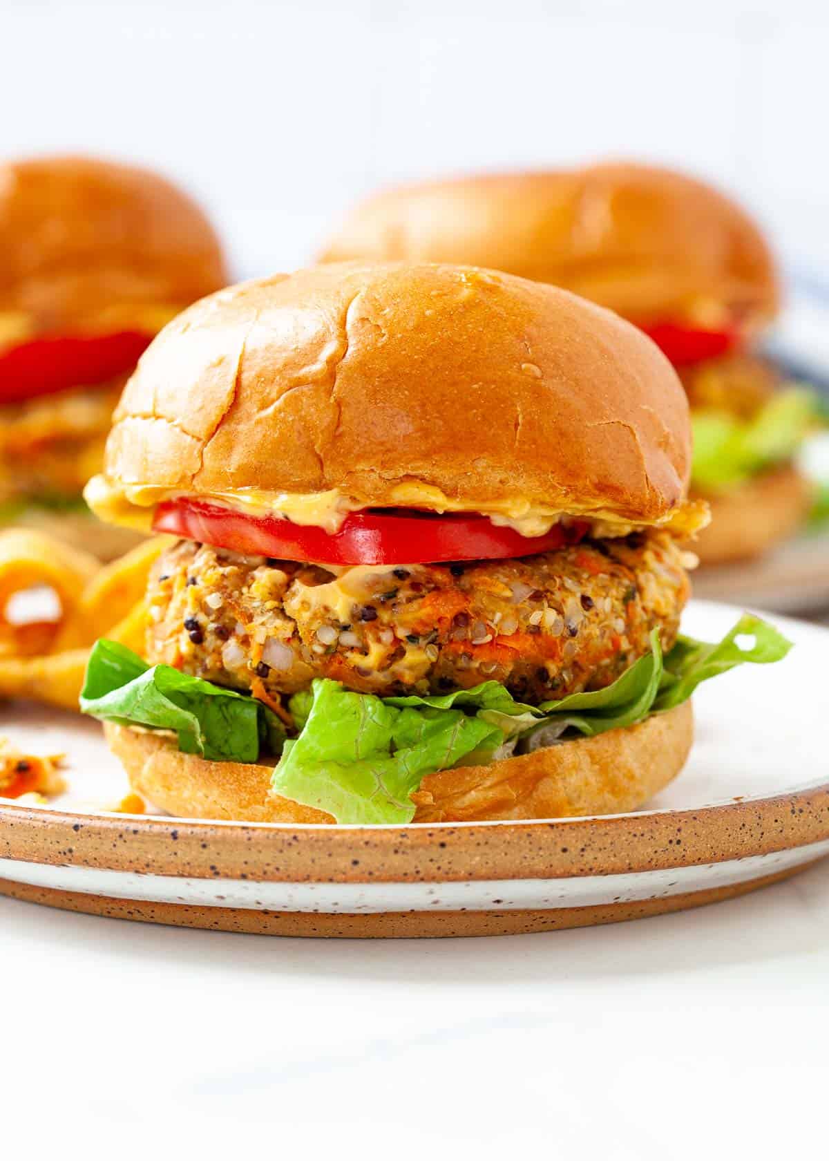 vegan chickpea burger with tomato, lettuce and vegan aioli on hamburger bun