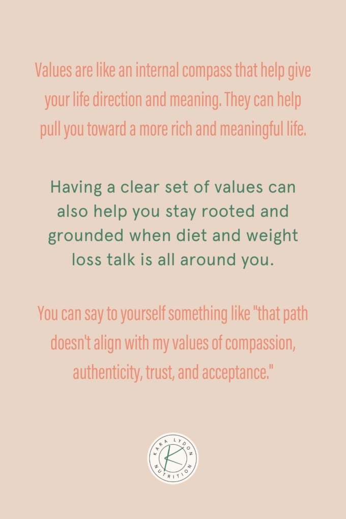 graphic with quote: "Values are like an internal compass that help give your life direction and meaning. They can help pull you toward a more rich and meaningful life.

Having a clear set of values can also help you stay rooted and grounded when diet and weight loss talk is all around you.

You can say to yourself something like 'that path doesn't align with my values of compassion, authenticity, trust, and acceptance.'"